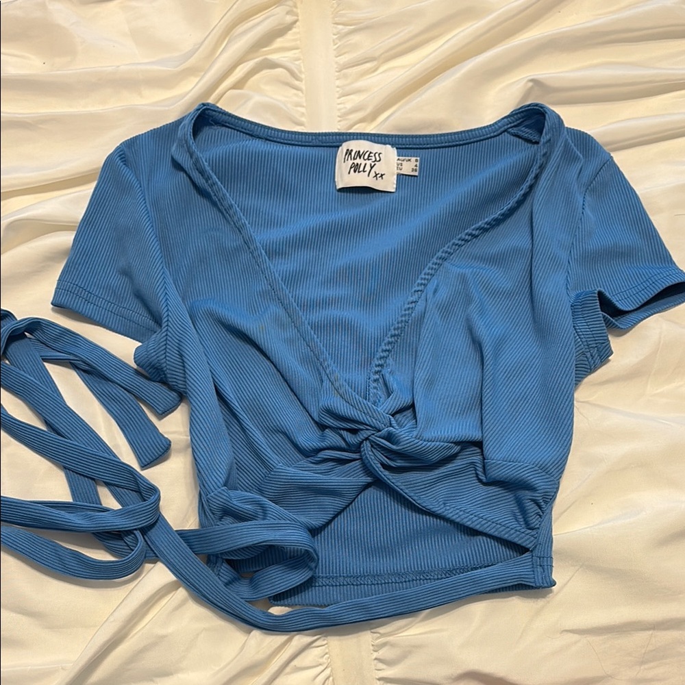 Princess Polly Blue Wrap Tie Front Blouse